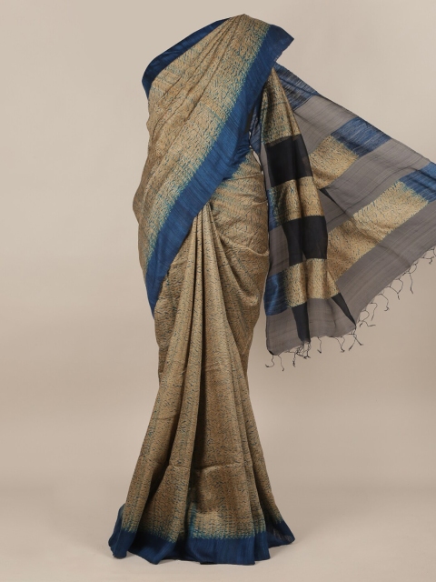 

Pothys Tan & Navy Blue Pure Silk Printed Saree
