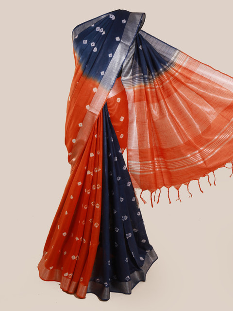 

Pothys Navy Blue & Orange Linen Blend Colourblocked Saree