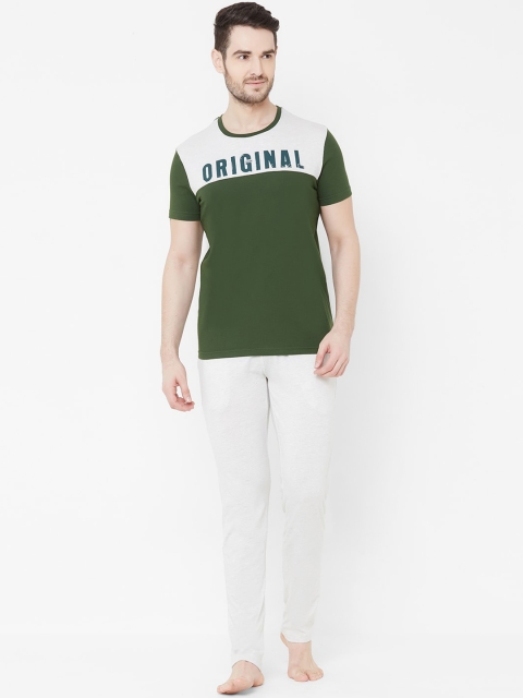 Sweet Dreams Men Olive Green & Grey Melange Colourblocked Night suit