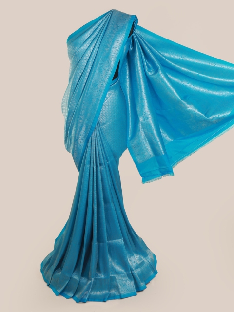 

Pothys Turquoise Blue & Silver-Coloured Linen Blend Woven Design Saree