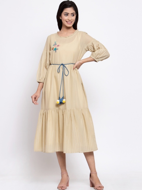

TERQUOIS Women Beige Embroidered Two Layered Fusion Cotton A-Line Dress