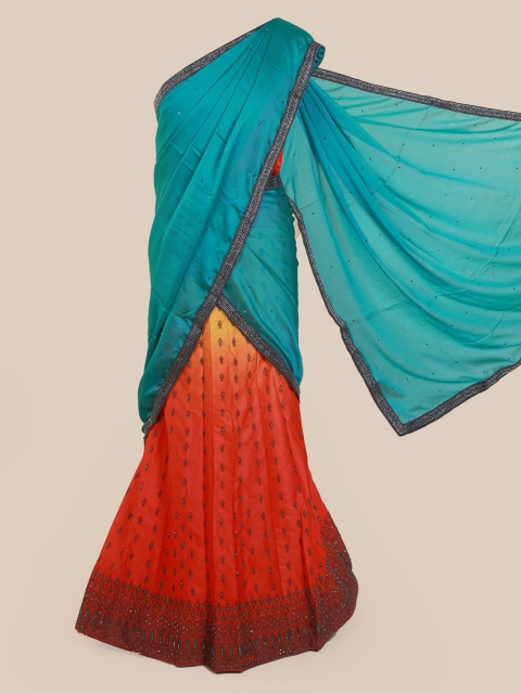 

Pothys Blue & Red Poly Chiffon Solid Lehenga Saree