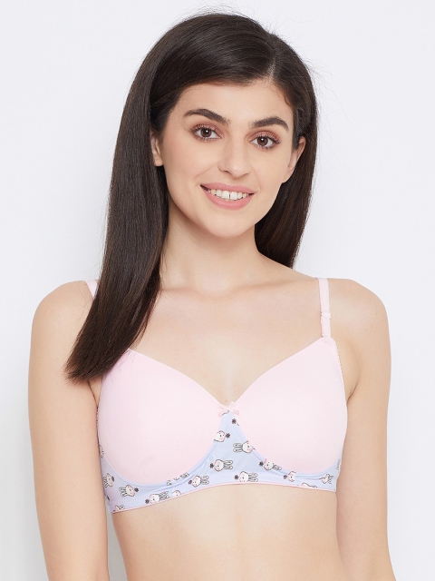 

Clovia Pink & Blue Printed Non-Wired Lightly Padded T-shirt Bra BR1897F1242C