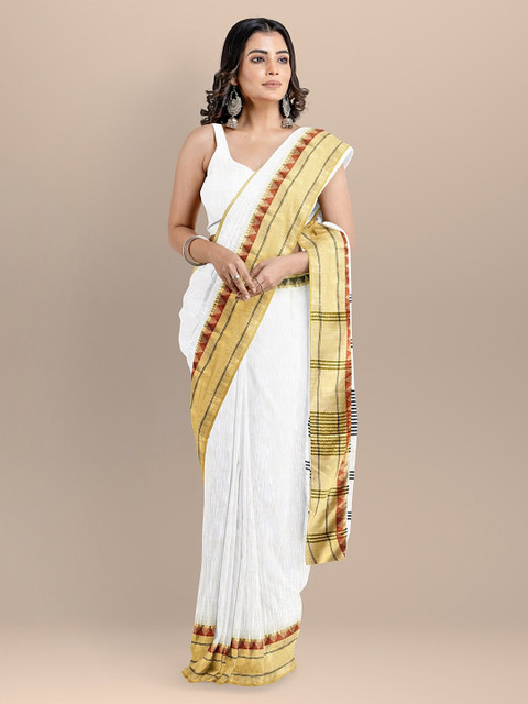 

BharatSthali White & Gold-Toned Silk Cotton Solid Maheshwari Saree