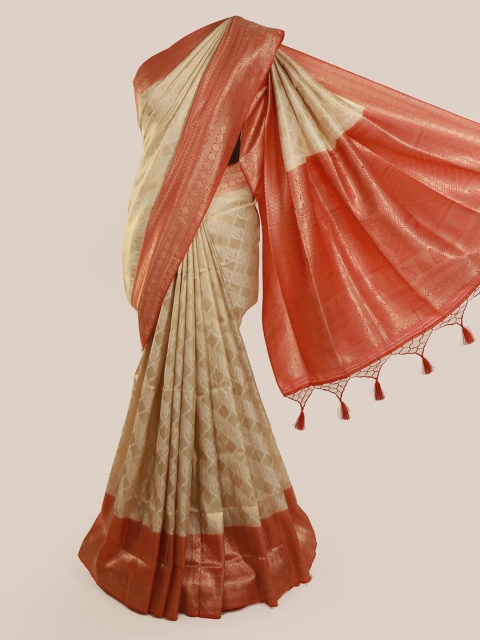 

Pothys Cream-Coloured & Orange Linen Blend Woven Design Saree