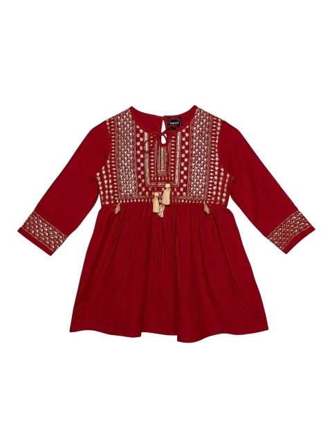 

Ishin DESIGNER STUDIO Girls Red & Gold-Toned Embroidered Tie-Up Neck A-Line Top