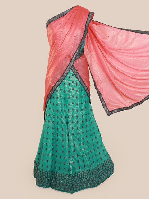

Pothys Peach-Coloured & Blue Poly Chiffon Embellished Traditional Half Saree