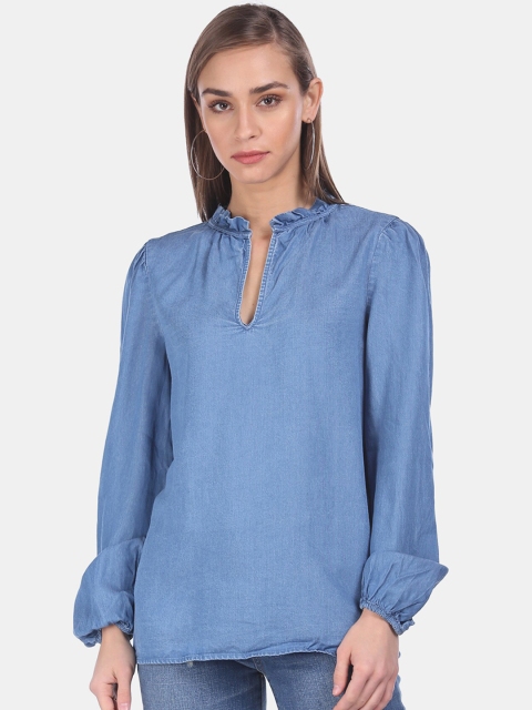 

GAP Women Blue Ruffle Neck Washed Chambray Top