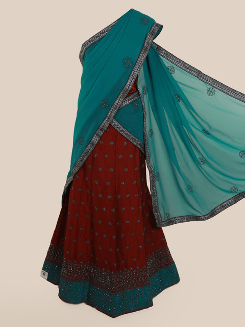 

Pothys Green & Maroon Poly Chiffon Embellished Traditional Half Saree