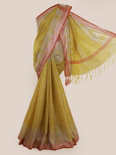 

Pothys Mustard Printed Linen Blend Saree With Tasseled Pallu