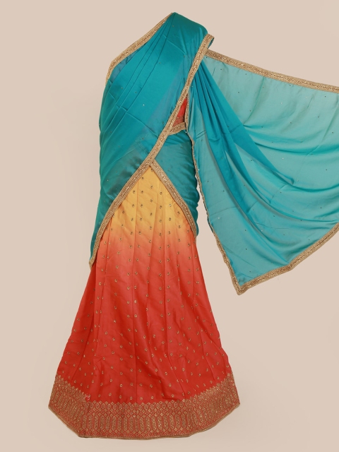 

Pothys Blue & Coral Poly Chiffon Solid Lehenga Saree