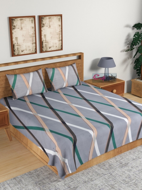 

eCraftIndia Grey & Teal Geometric 140 TC Cotton 1 King Bedsheet with 2 Pillow Covers