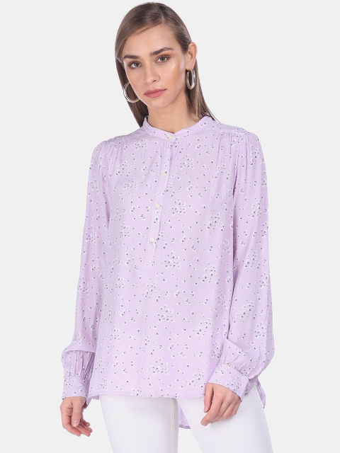 

GAP Purple & Off White Floral Printed Mandarin Collar Shirt Style Popover Top