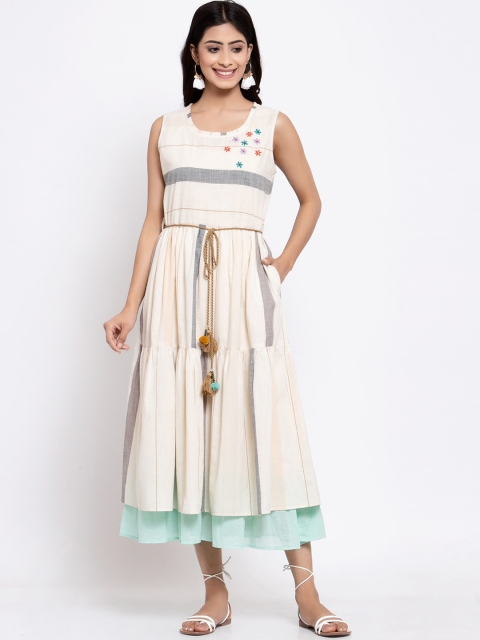 

TERQUOIS Women Cream-Coloured Embroidered Two Layered Fusion Cotton Fit and Flare Dress