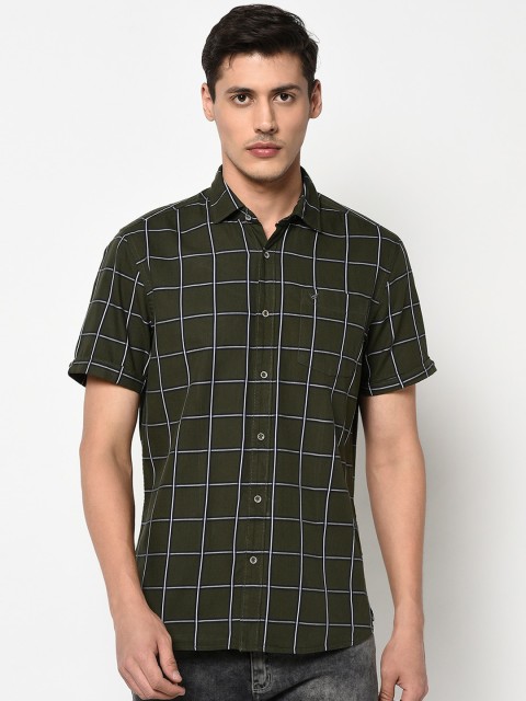 

Blackberrys Men Olive Green Slim Fit Checked Casual Shirt