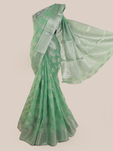 

Pothys Sea Green & Silver-Toned Cotton Blend Woven Design Chanderi Saree