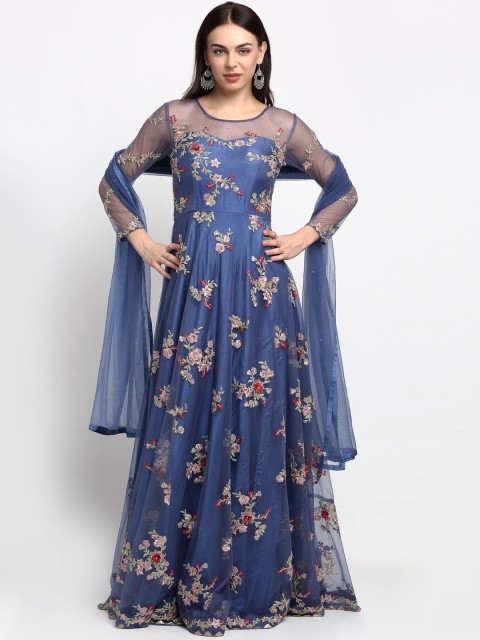 

Stylee LIFESTYLE Blue & Gold-Toned Net Semi-Stitched Dress Material