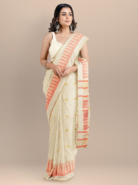 

BharatSthali Off-White & Orange Pure Cotton Woven Design Maheshwari Saree