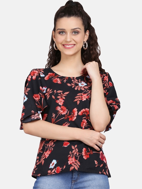 Clothzy Black & Red Floral Printed Flared Sleeves Crepe Regular Top
