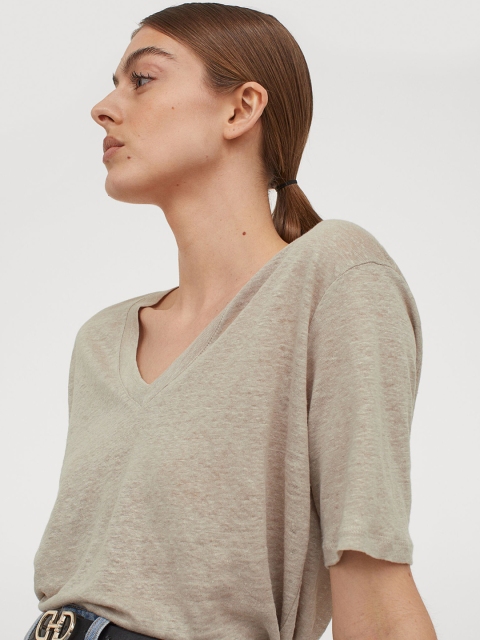 

H&M Women Beige & Grey Linen T-shirt