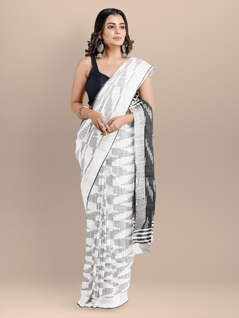 

BharatSthali White & Black Pure Cotton Woven Design Ikat Saree