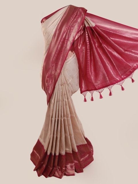 

Pothys Cream-Coloured & Pink Linen Blend Woven Design Saree