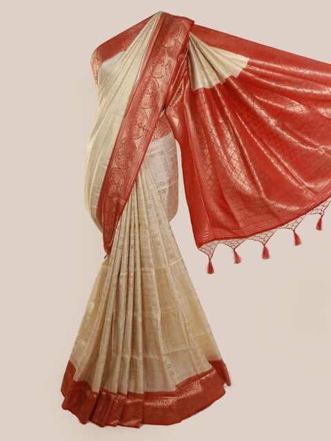 

Pothys Cream-Coloured & Red Linen Blend Woven Design Saree With Tasseled Pallu