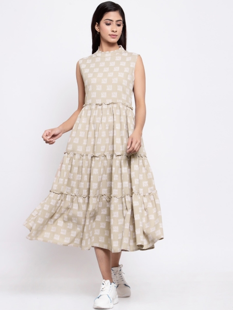 

TERQUOIS Women Beige Printed Cotton Fit and Flare Dress