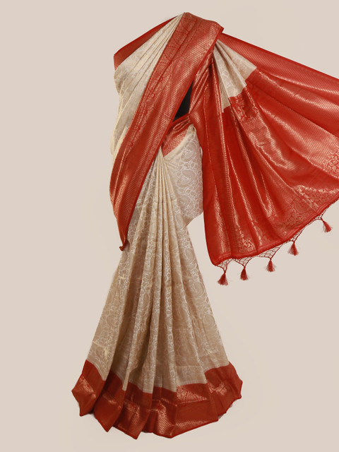

Pothys Cream-Coloured & Red Linen Blend Woven Design Saree