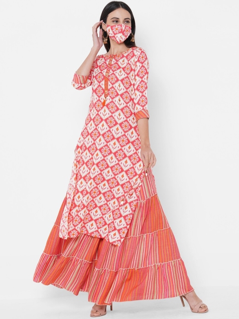 

FASHOR Women Pink & White Printed Kurta with Sharara