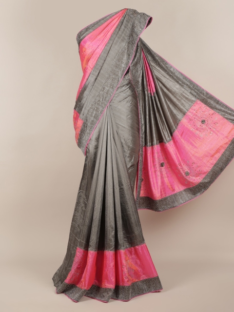 

Pothys Pink & Grey Jute Silk Colourblocked Saree