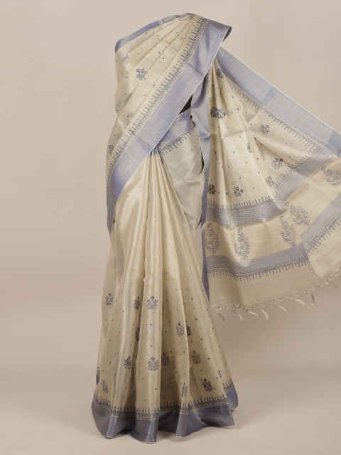 

Pothys Cream-Coloured & Blue Pure Cotton Woven Design Saree