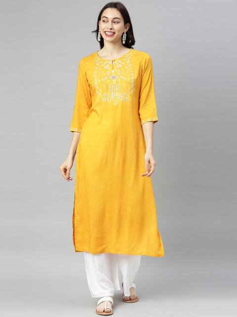

Neerus Women Mustard Yellow Embroidered Kurta