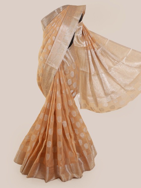 

Pothys Peach-Coloured & Silver-Toned Cotton Blend Woven Design Chanderi Saree