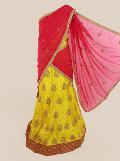 

Pothys Pink & Yellow Poly Chiffon Embroidered Lehenga Saree
