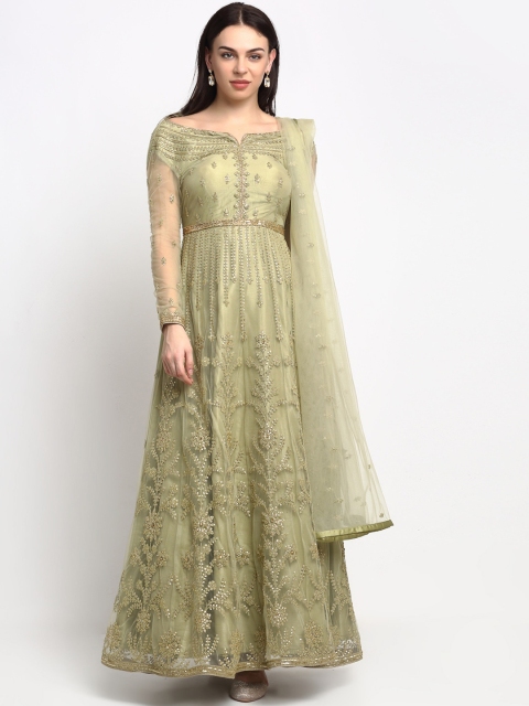 

Stylee LIFESTYLE Green & Gold-Toned Net Semi-Stitched Dress Material