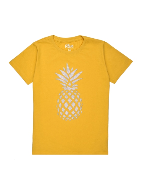 

ORANGE PUMPKKIN Girls Yellow & Grey Tropical Printed Pure Cotton Regular Top