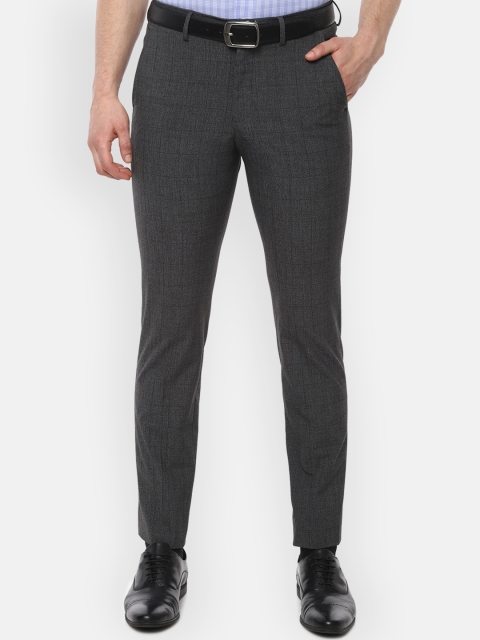 Louis Philippe Men Grey Slim Fit Checked Formal Trousers