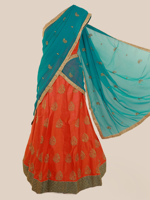 

Pothys Blue & Orange Poly Chiffon Embroidered Traditional Half Saree