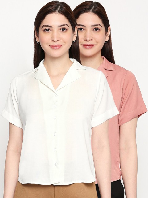 

inocenCia Women Pack of 2 White & Pink Boxy Solid Casual Shirt