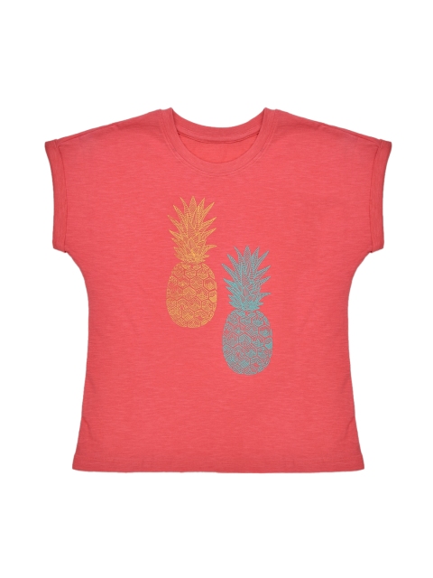 

ORANGE PUMPKKIN Girls Red & Blue Tropical Printed Pure Cotton Regular Top