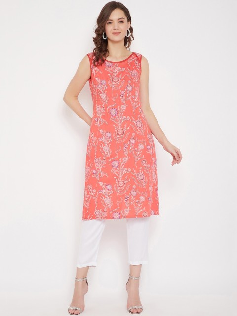 

Bitterlime Women Coral Pink & White Printed Tunic with Trousers