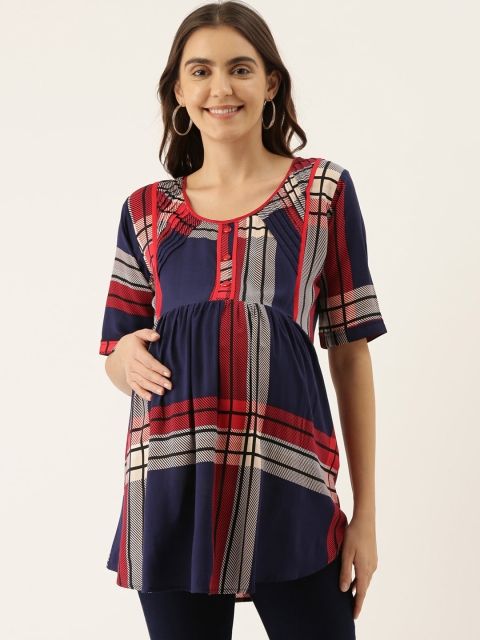 

GOLDSTROMS Women's Navy Blue & Maroon Checked Maternity Tunic