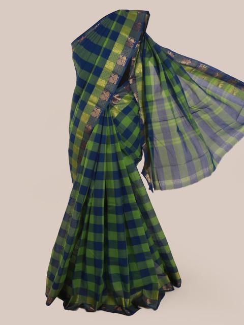 

Pothys Green & Navy Blue Pure Cotton Checked Saree