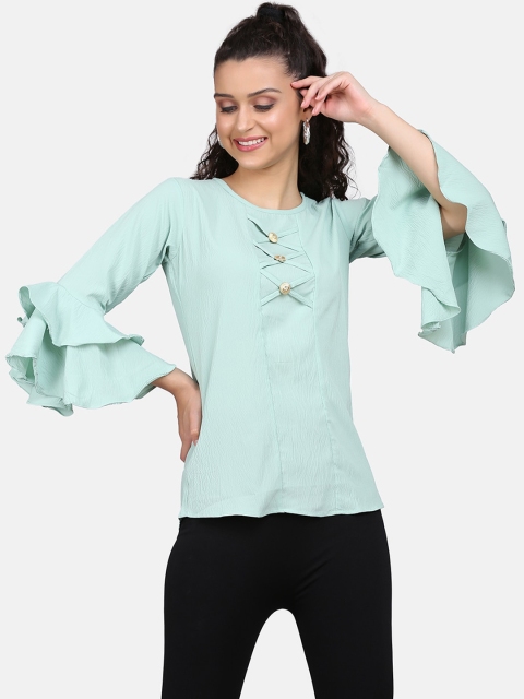 

Clothzy Sea Green Flutter Sleeves Regular Top