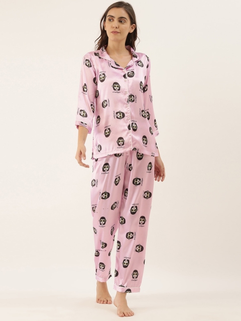 

Bannos Swagger Women Pink & Black Printed Night suit