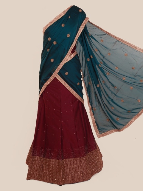 

Pothys Teal & Maroon Poly Chiffon Embroidered Saree