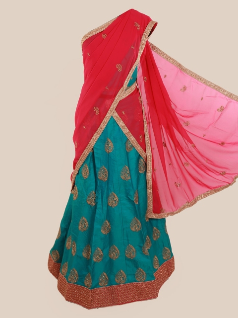 

Pothys Pink & Blue Poly Chiffon Embroidered Lehenga Saree