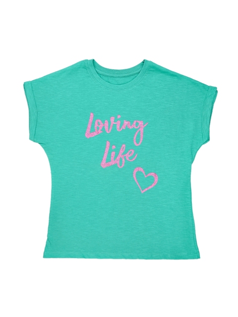 

ORANGE PUMPKKIN Girls Green & Pink Printed Pure Cotton Regular Top
