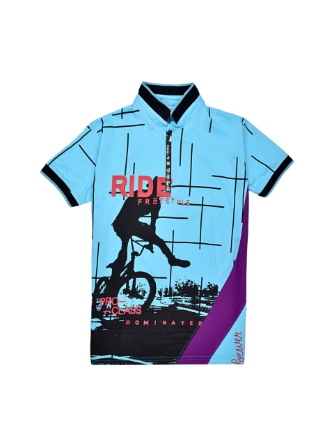 

ORANGE PUMPKKIN Boys Blue & Black Printed Polo Collar T-shirt